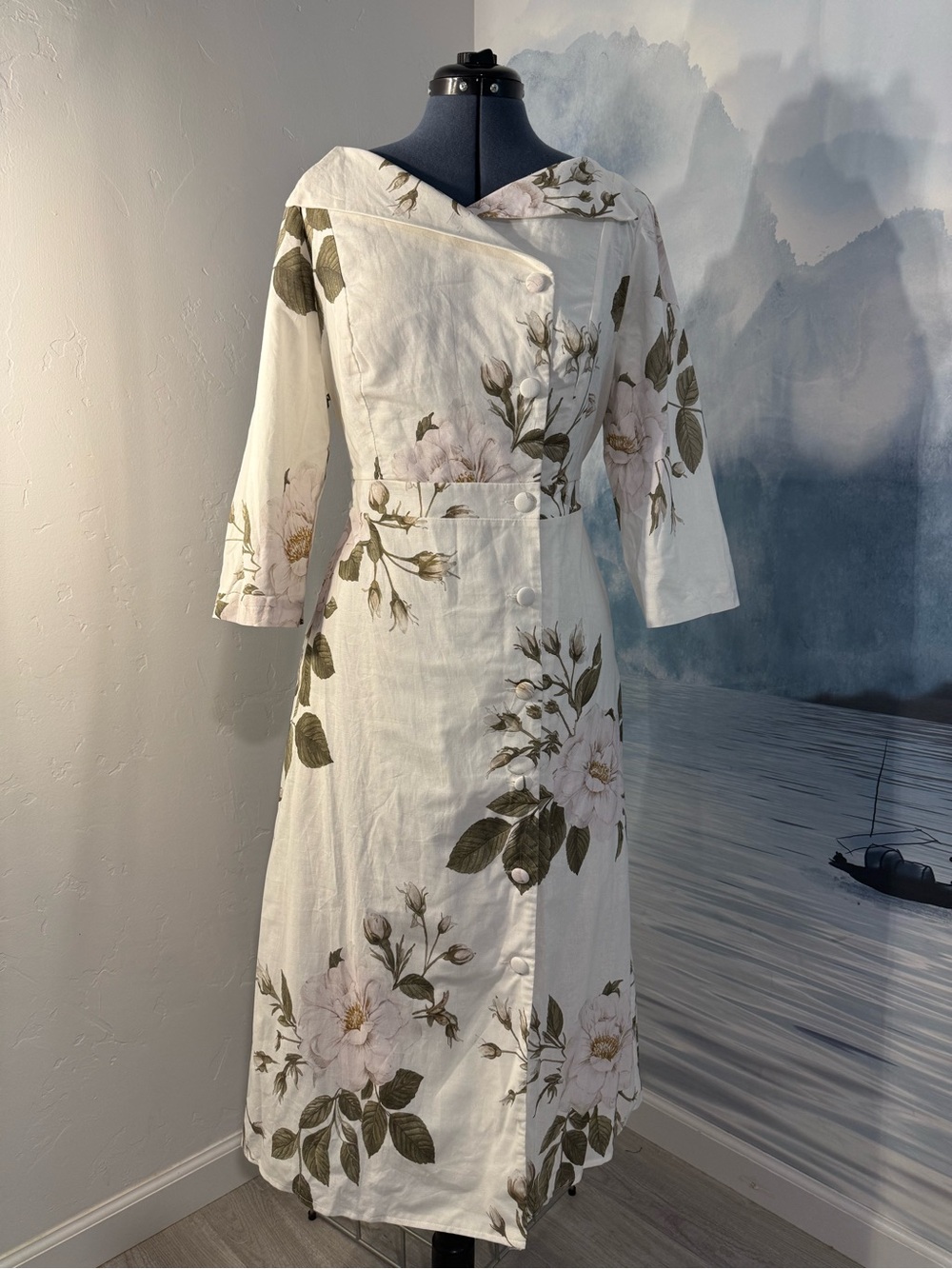 White Floral Button-Front Midi Dress with Olive Green Accents 206